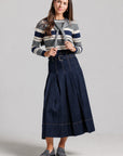 Belted Pleated Denim Skirt and Striped Shrug Sweater Set - Blue