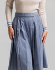 Striped Polo and Corduroy Pleated Skirt Set - Blue