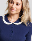 Ruffle Polo Sweater - Navy