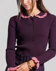 Ruffle Polo Sweater - Plum
