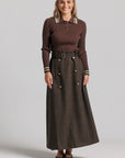 Wool Trench Skirt and Striped Polo Set - Brown and Green