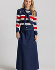 Buckle Denim Skirt and Striped Shrug Sweater Set - Blue