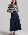 Belted Pleated Denim Skirt - Blue