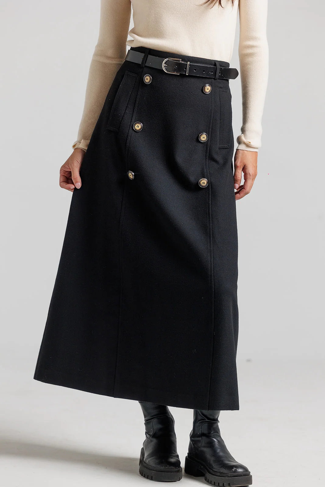 Wool Trench Skirt and Funnel Neck Hoodie Set - Black