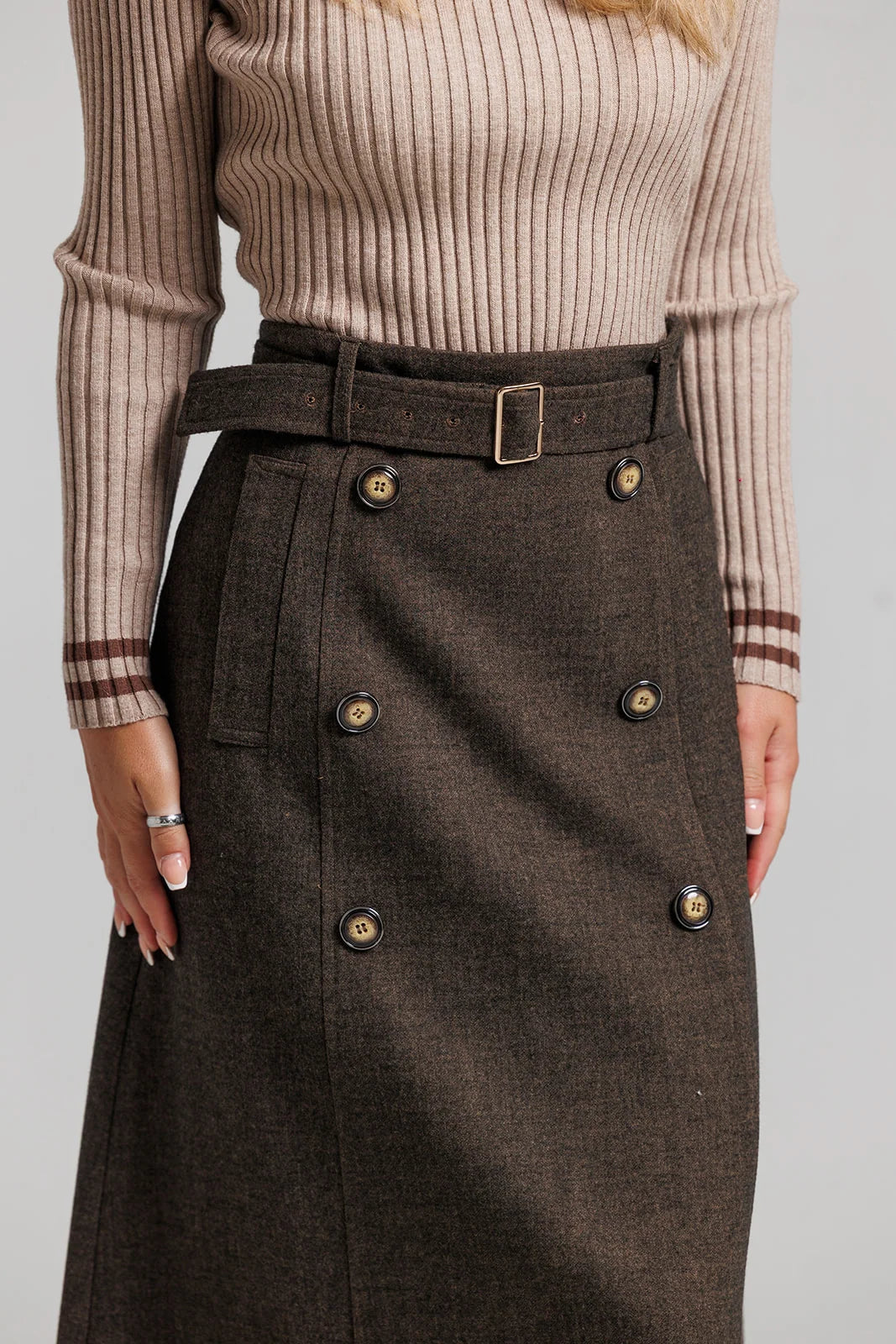 Wool Trench Skirt and Striped Polo Set - Brown