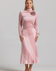 Rose Velvet Mock Neck and Linear Skirt Set - Pink