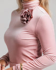 Rose Velvet Mock Neck and Linear Skirt Set - Pink