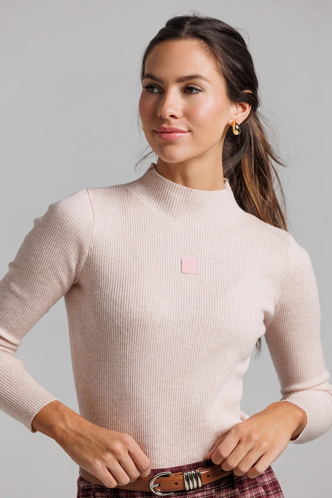 Plaid Skirt and Leather Patch Turtleneck Set - Pink
