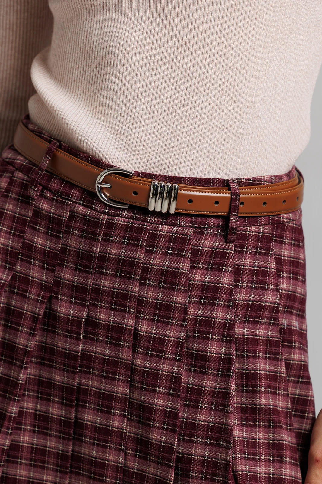 Plaid Skirt and Leather Patch Turtleneck Set - Pink