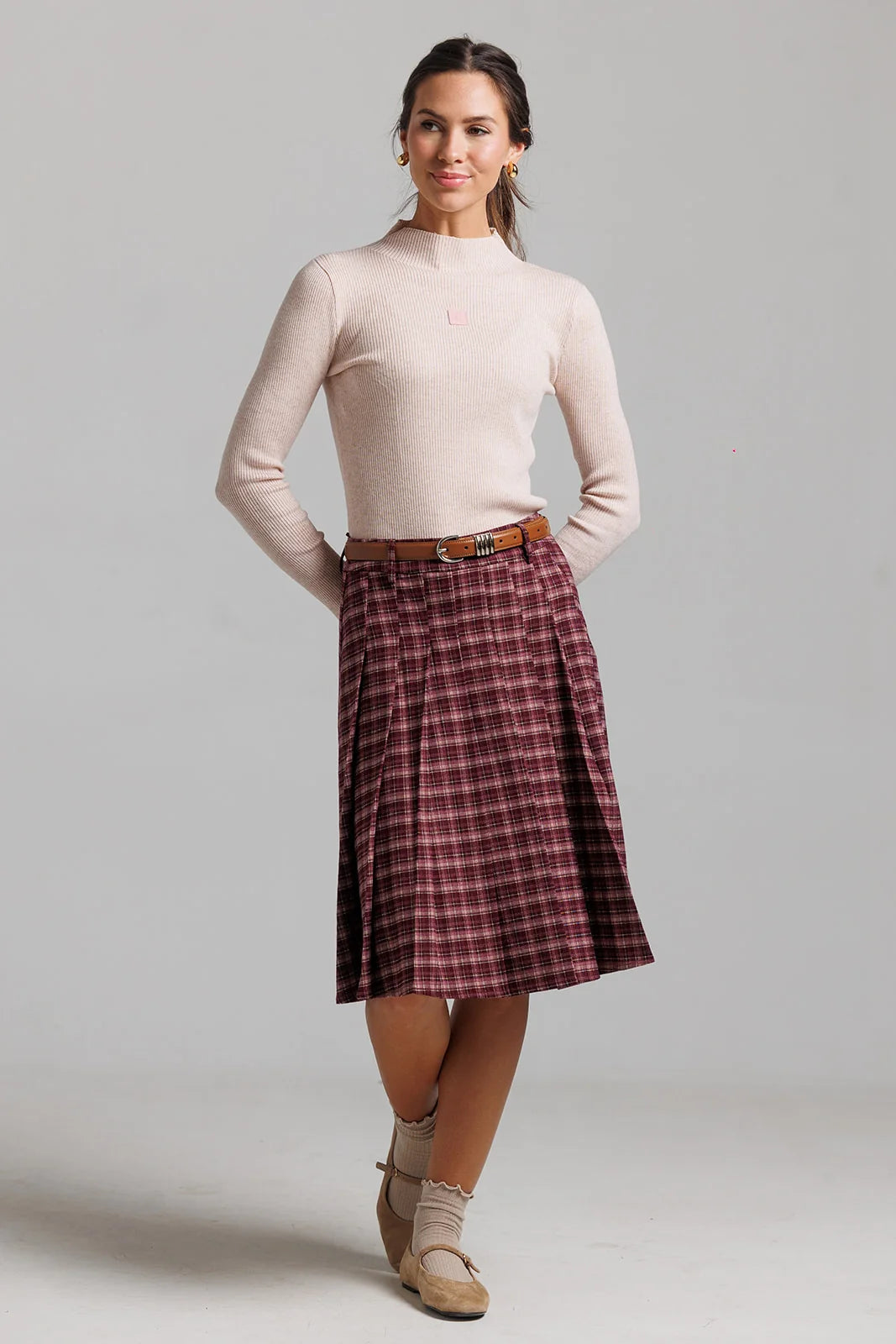 Plaid Skirt and Leather Patch Turtleneck Set - Pink