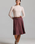 Plaid Skirt and Leather Patch Turtleneck Set - Pink