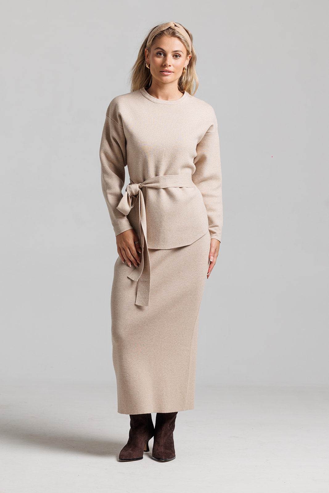 Knit Wrap Top Set - Tan