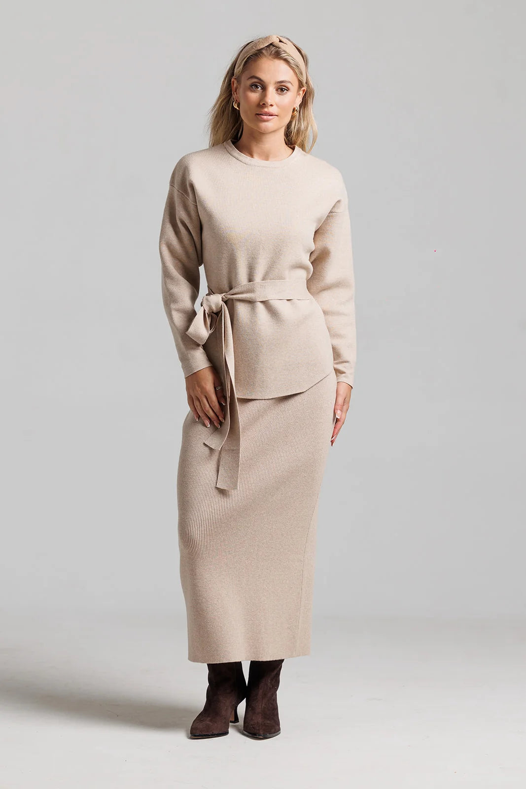 Knit Wrap Top and Skirt - Tan