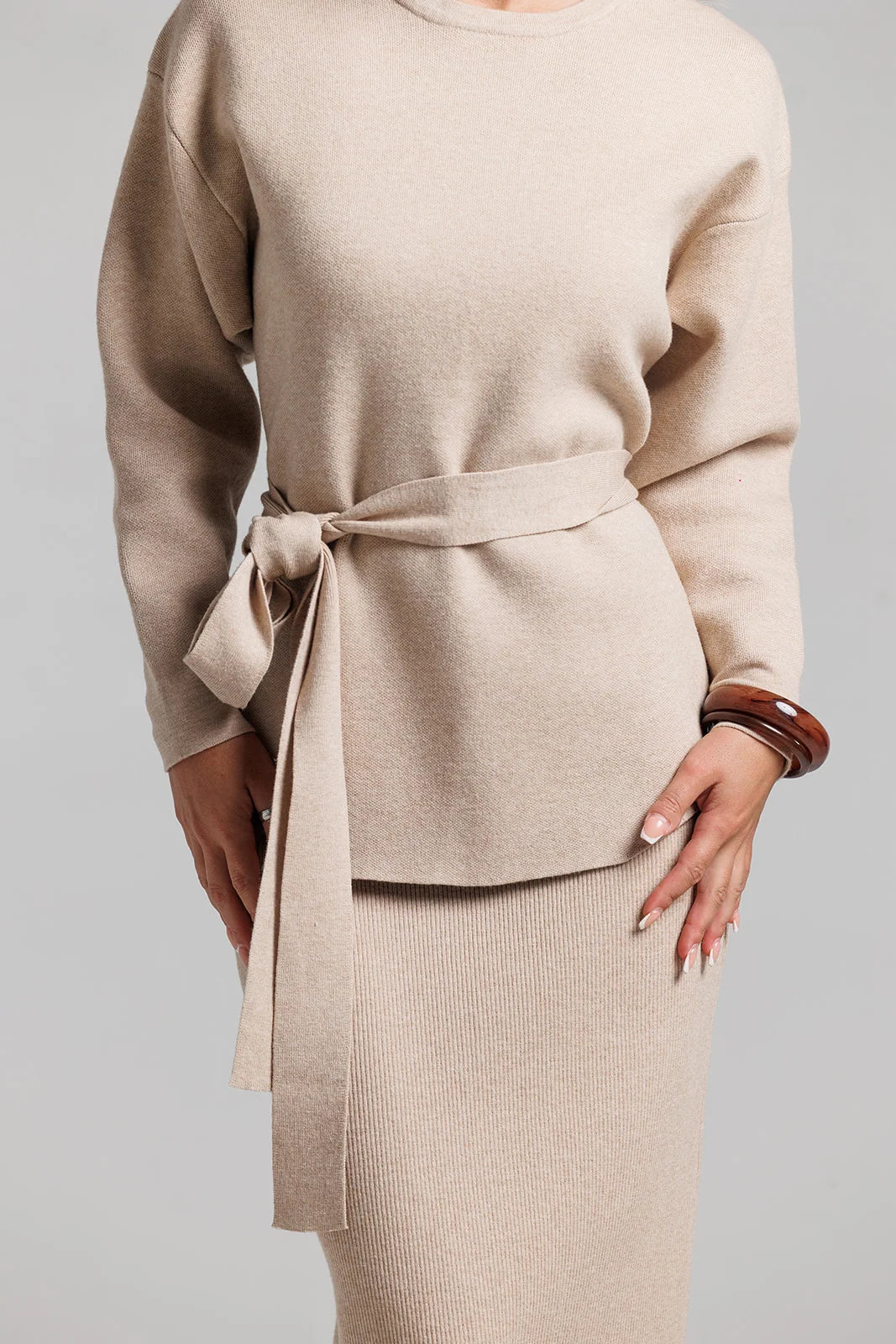 Knit Wrap Top and Skirt - Tan