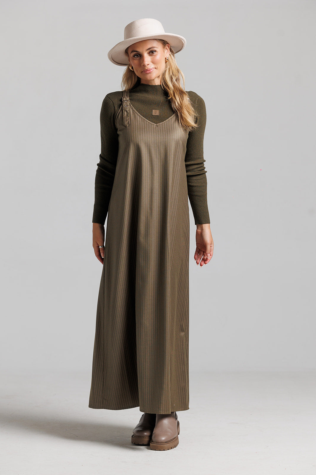Pinstripe Buckle Slip Jumper - Olive