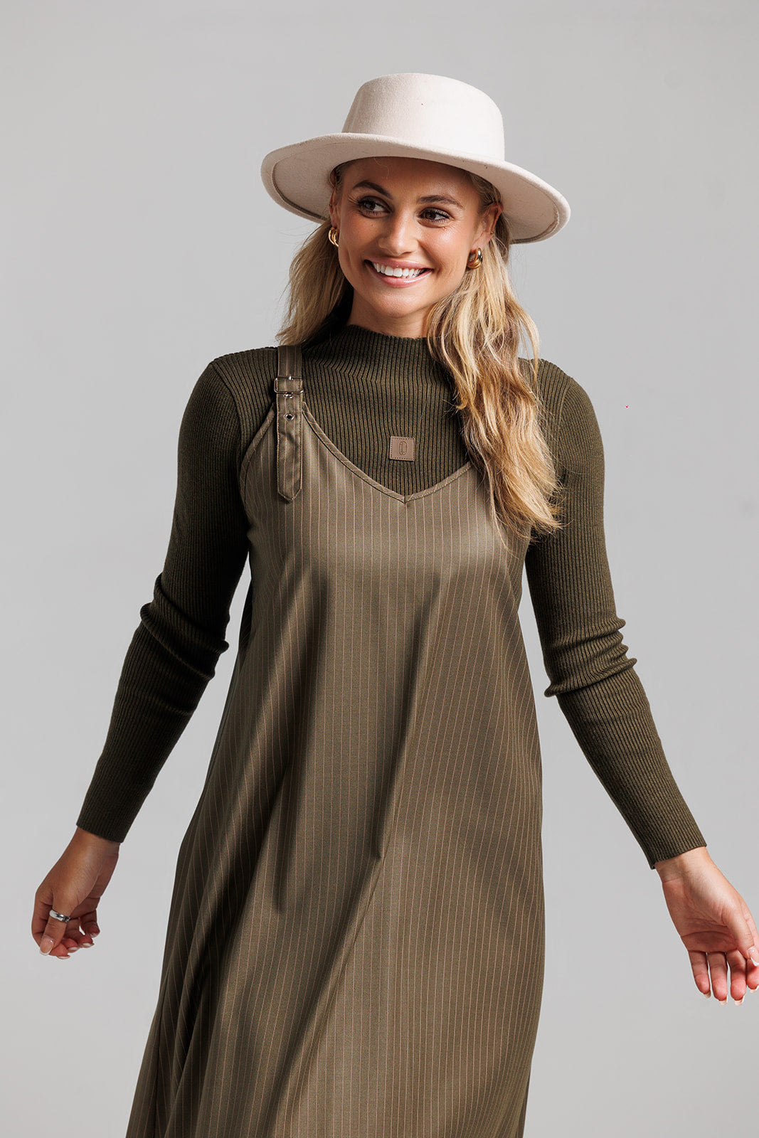 Pinstripe Buckle Slip Jumper - Olive