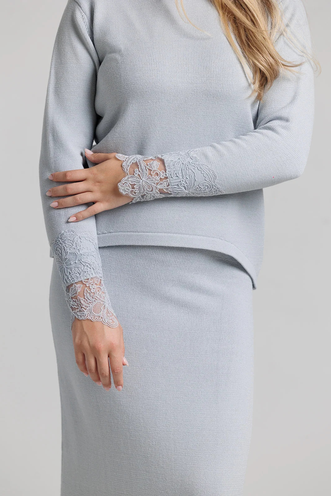 Lace Knit Sweater and Skirt Set - Light Blue
