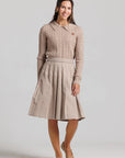 Leather Logo Sweater and Corduroy Pleated Skirt Set - Tan