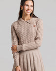 Leather Logo Sweater and Corduroy Pleated Skirt Set - Tan