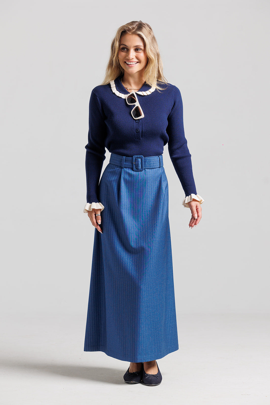 Ruffle Polo Sweater - Navy