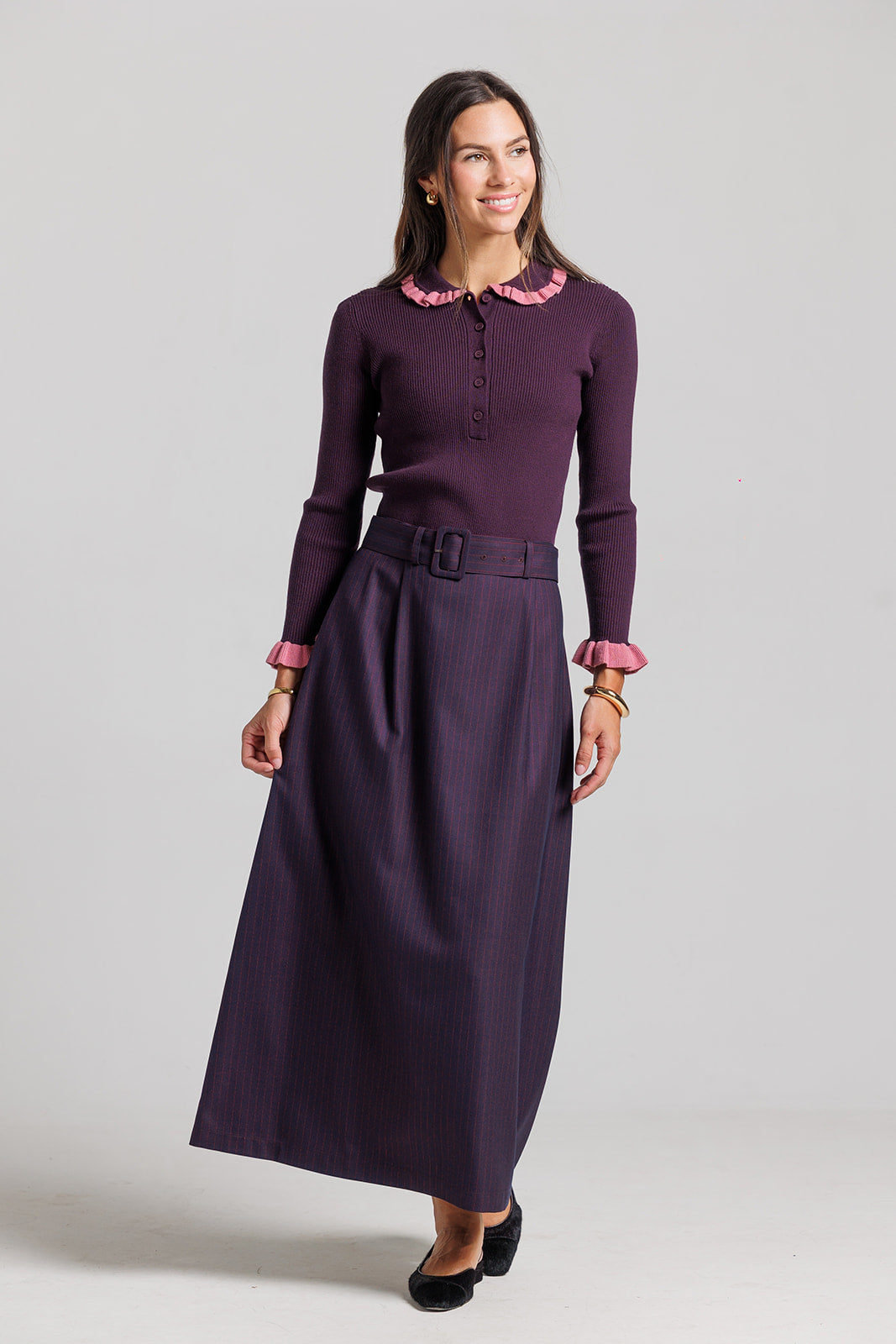 Ruffle Polo Sweater - Plum