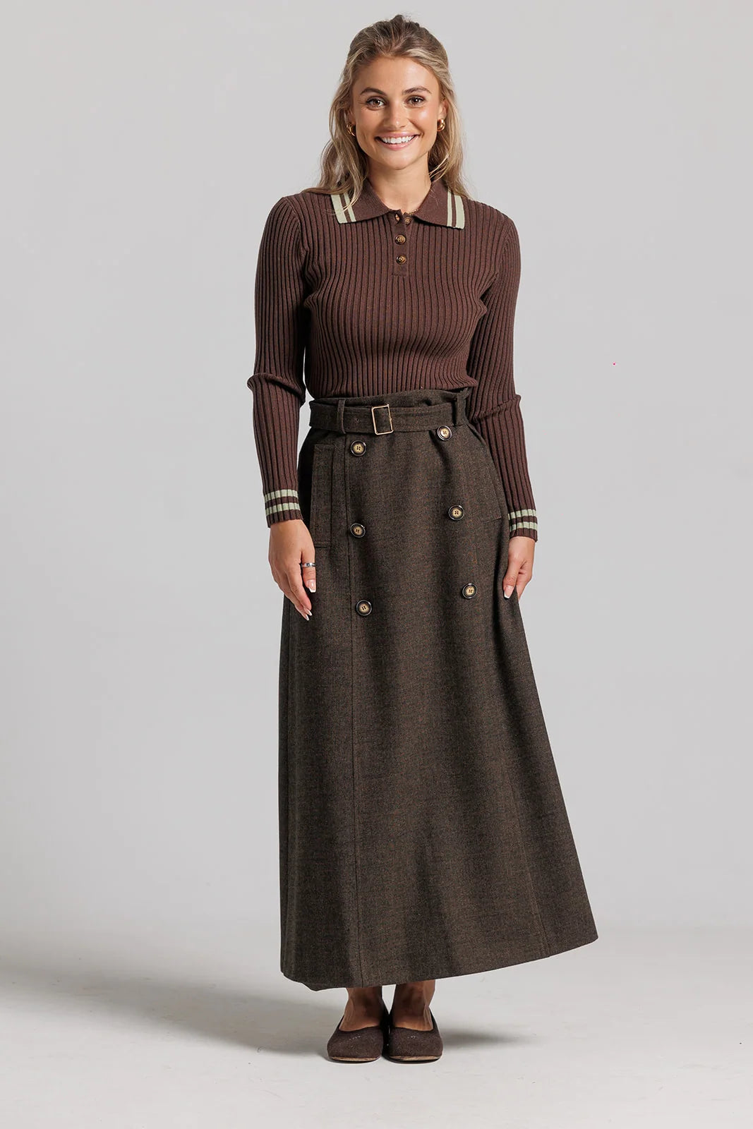 Wool Trench Skirt and Striped Polo Set - Brown and Green