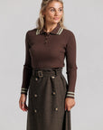 Wool Trench Skirt and Striped Polo Set - Brown and Green