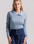 Leather Logo Sweater and Buckle Denim Skirt Set - Blue