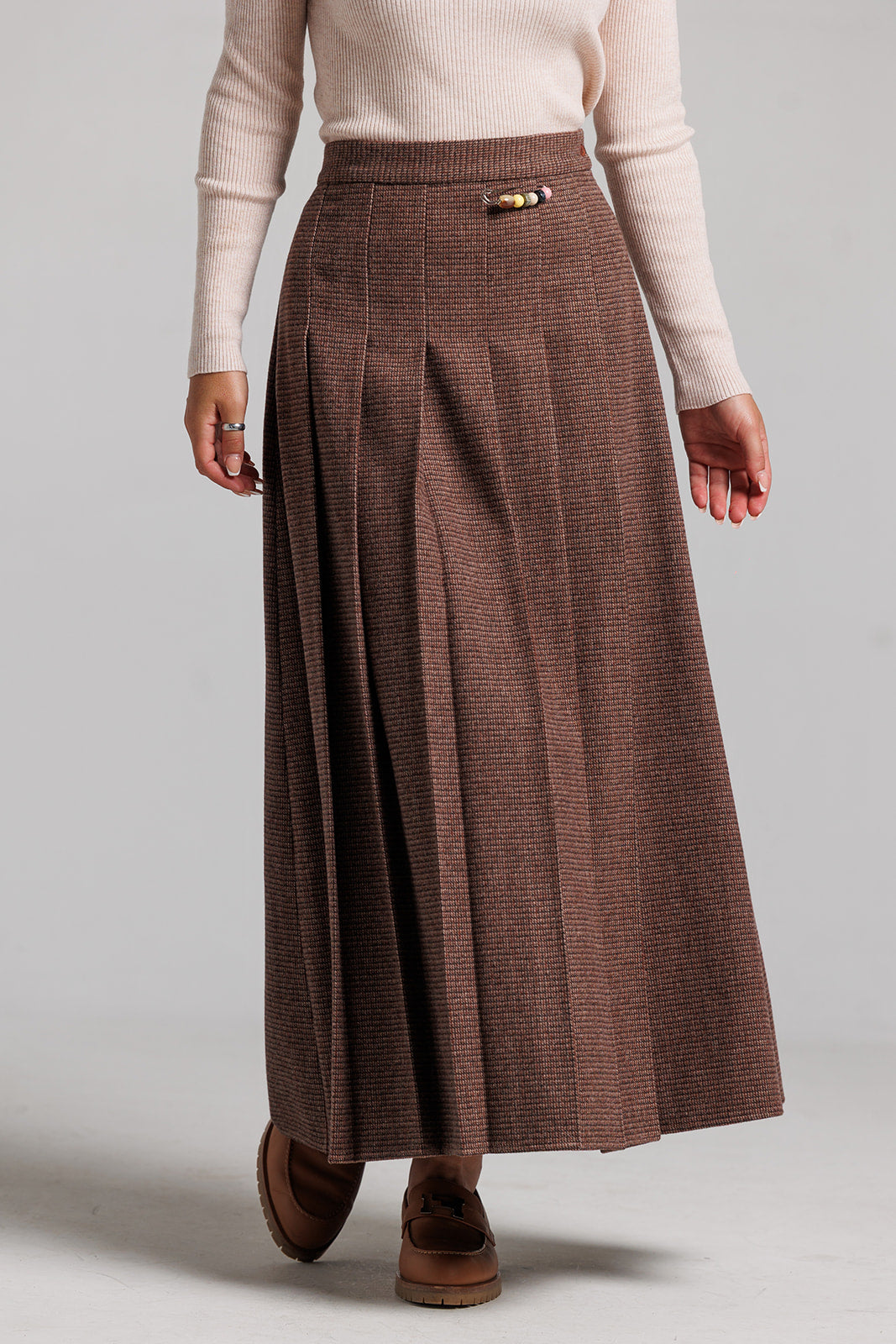 Tweed Pin Pleated Skirt - Brown