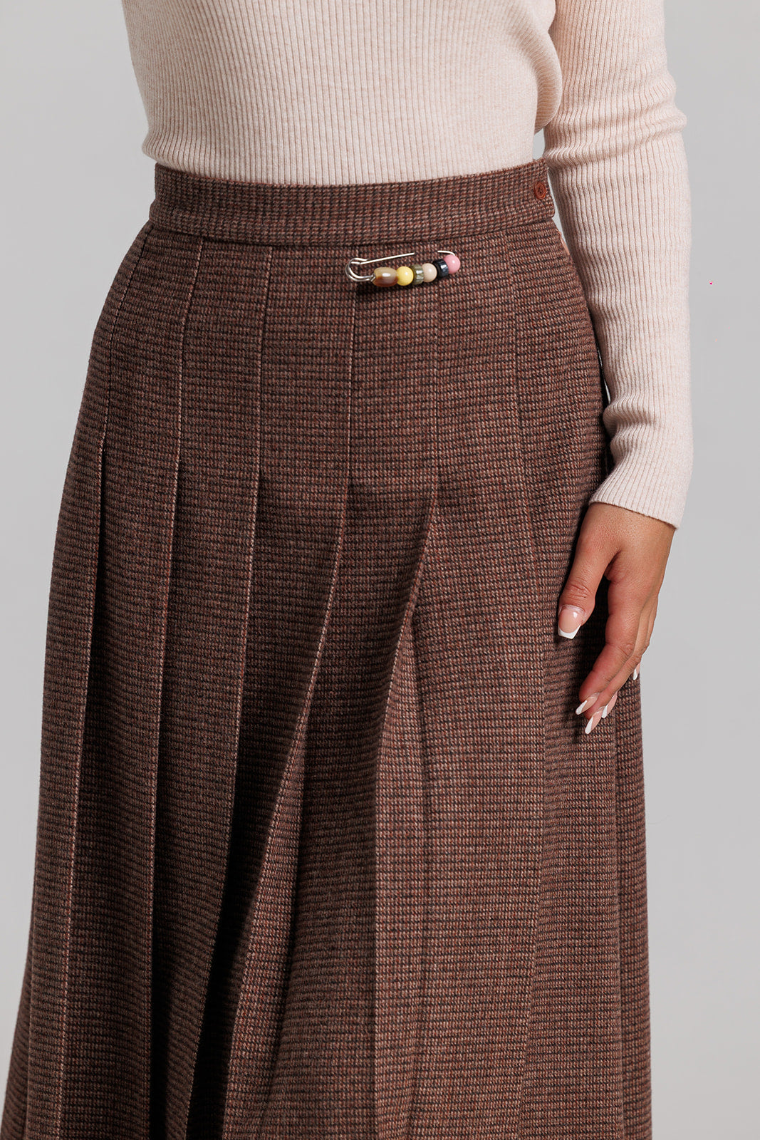 Tweed Pin Pleated Skirt - Brown