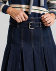 Belted Pleated Denim Skirt - Blue