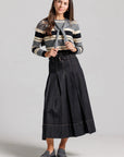 Belted Pleated Denim Skirt and Striped Shrug Sweater