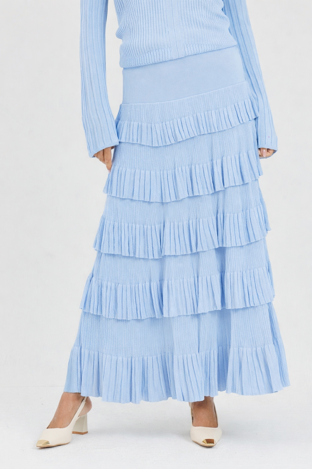 Powder Blue Ruffle Sheets Thin Knit Ruffle Top Powder Blue – LOU&UP