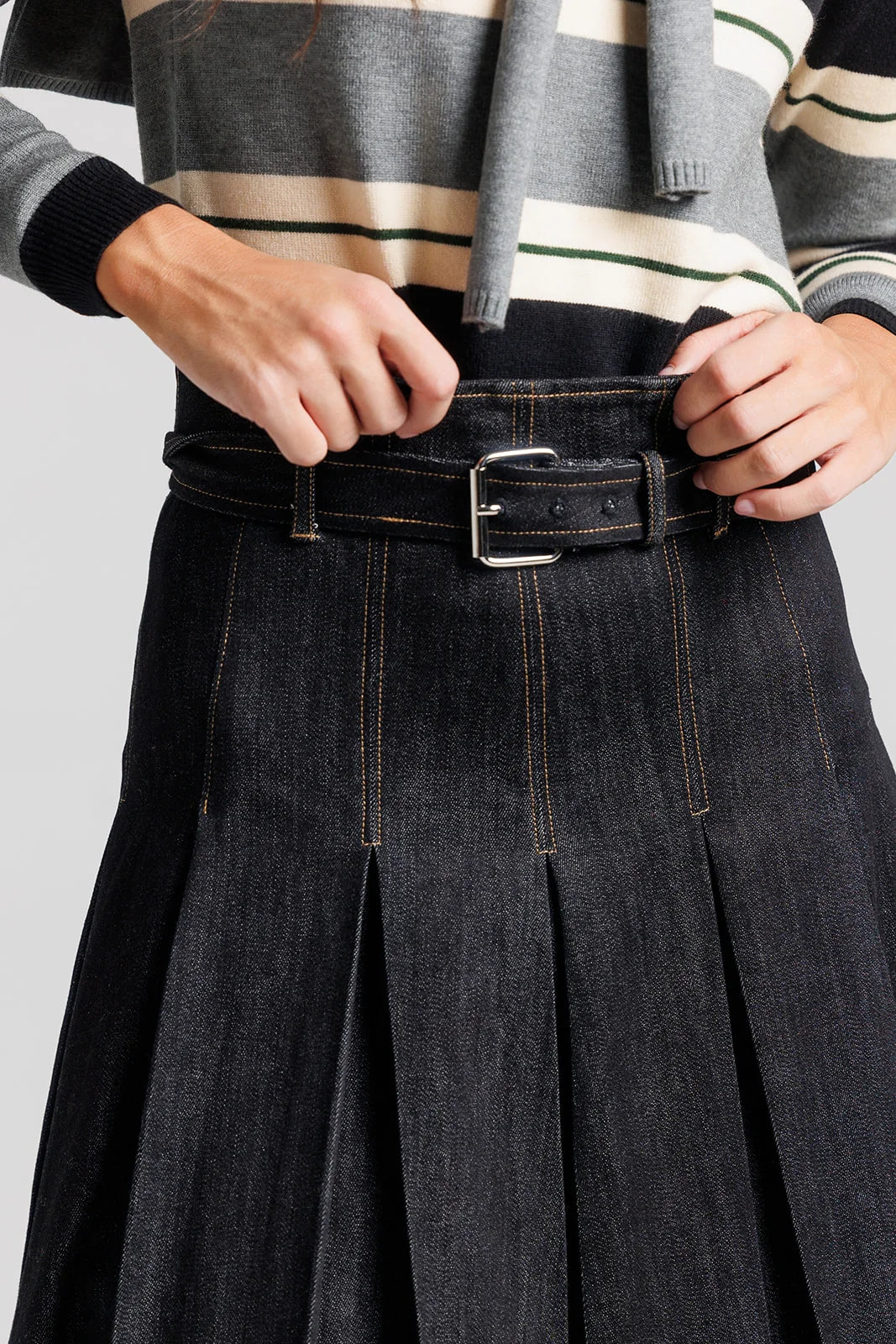 Belted Pleated Denim Skirt and Striped Shrug Sweater