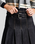 Belted Pleated Denim Skirt - Black