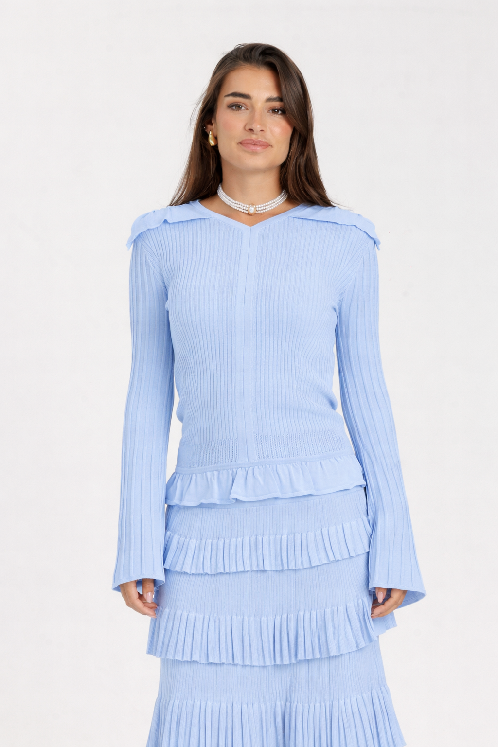 Blue Ruffled Top Thin Knit Ruffle Top Powder Blue – LOU&UP