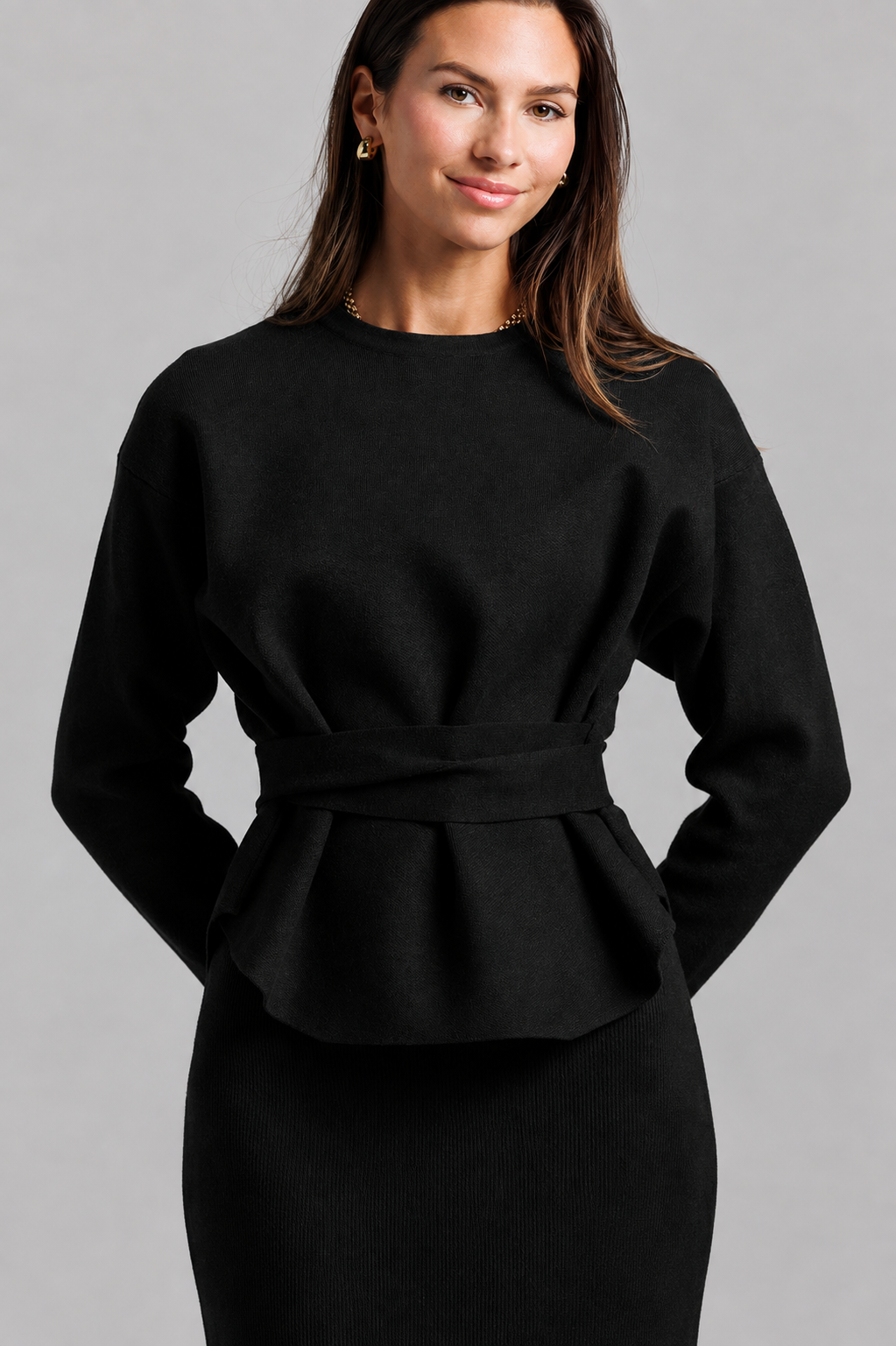 Knit Wrap Top Set - Black