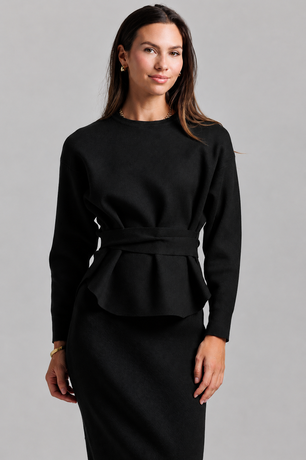 Knit Wrap Top Set - Black