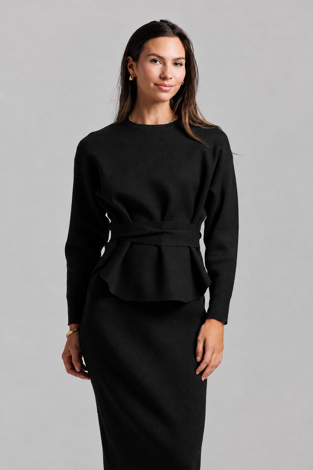 Knit Wrap Top Set - Black
