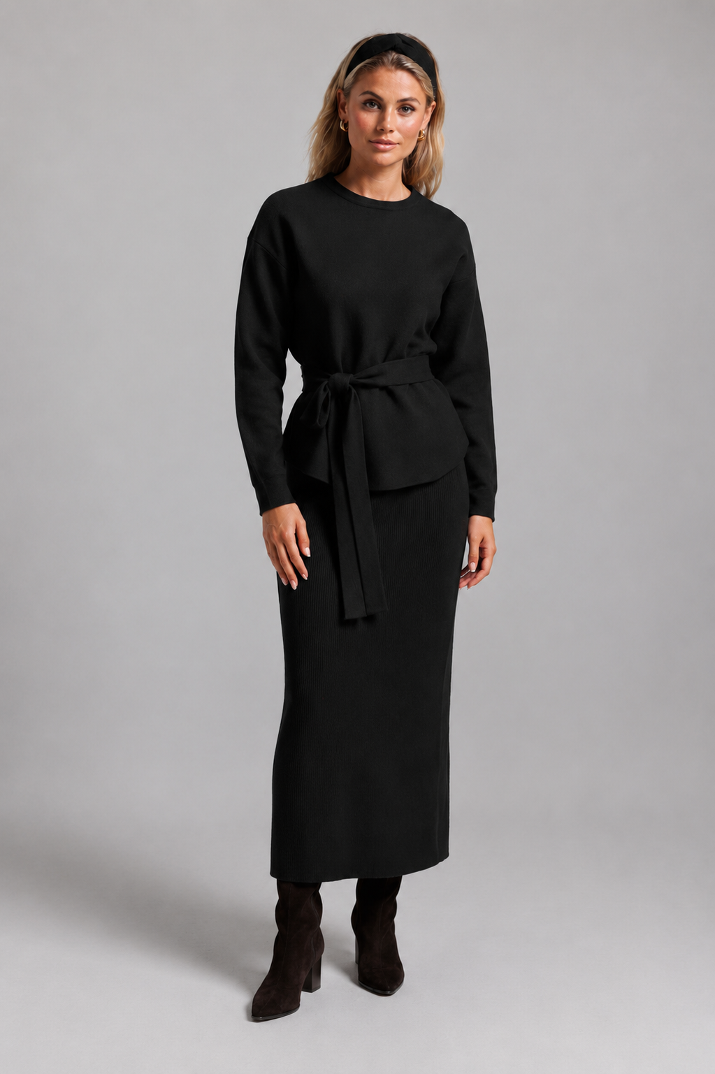 Knit Wrap Top Set - Black