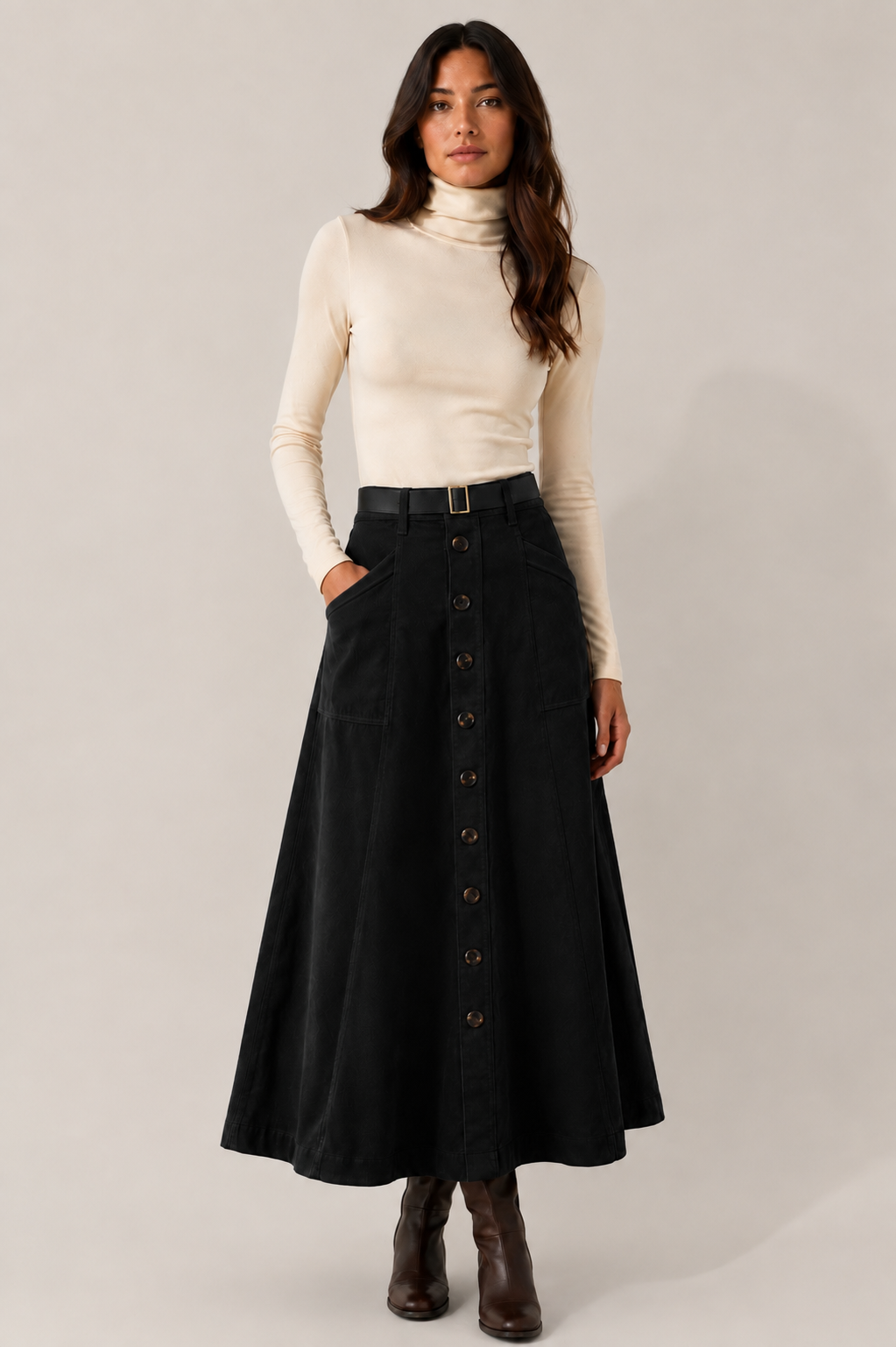 Button Corduroy Skirt - Black