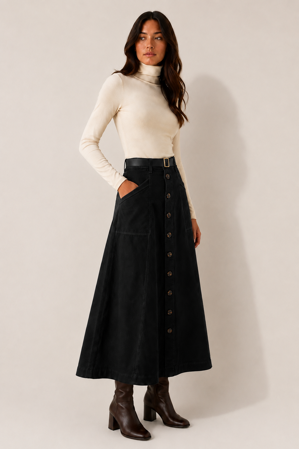 Button Corduroy Skirt - Black