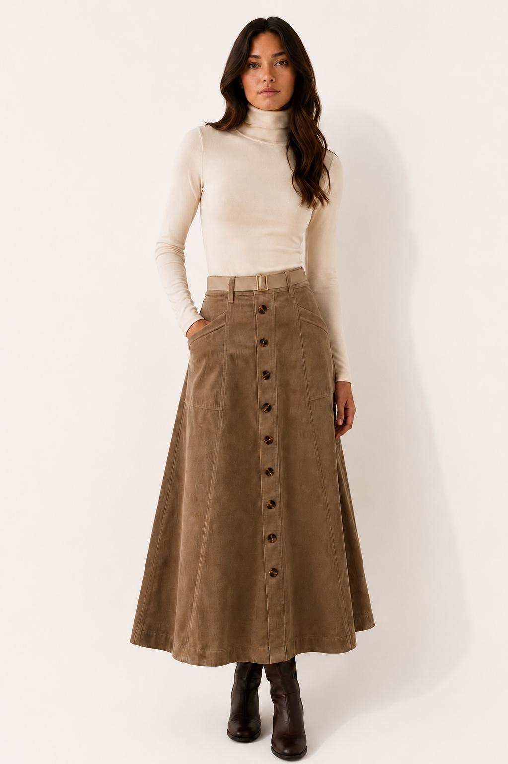 Button Corduroy Skirt - Camel