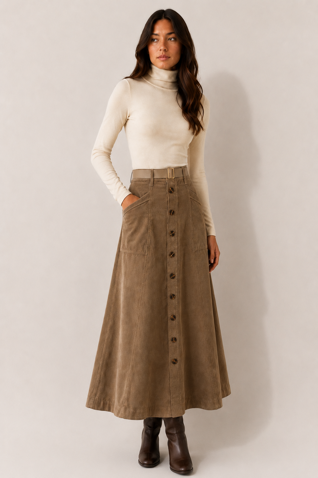 Button Corduroy Skirt - Camel